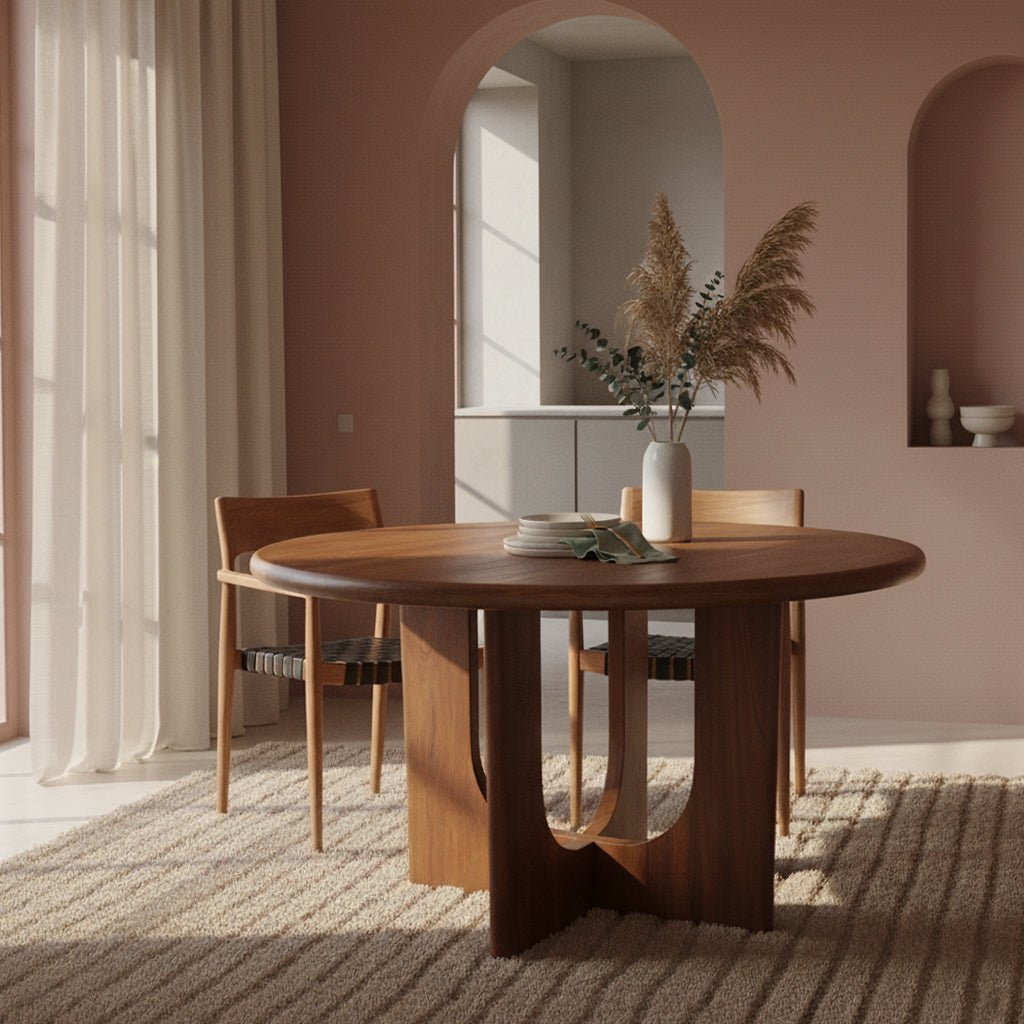 Wooden dining table with chairs in a modern room with arches and neutral decor.