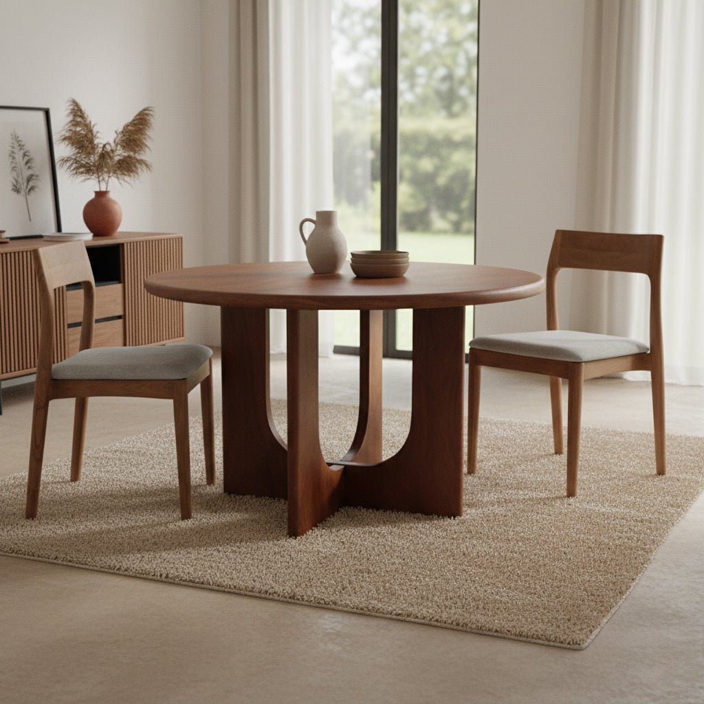 Dining room with wooden table and chairs in a well-lit room.