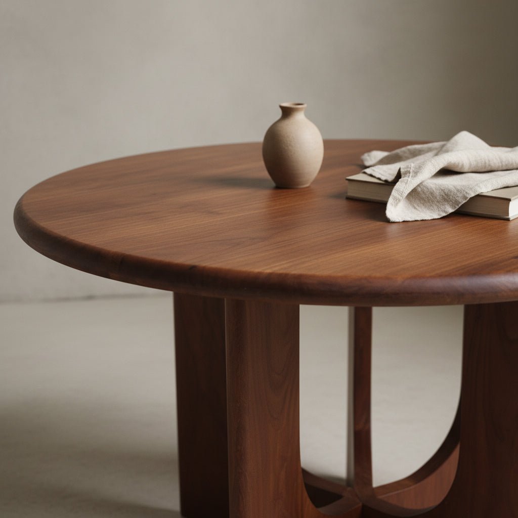 Wooden table with a vase and books on a neutral background