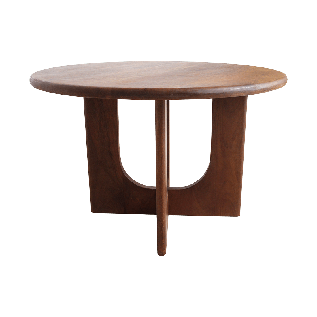 Wooden side table with a single leg design on a white background