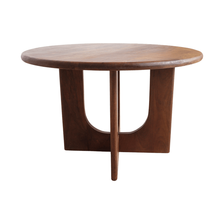 Wooden side table with a single leg design on a white background