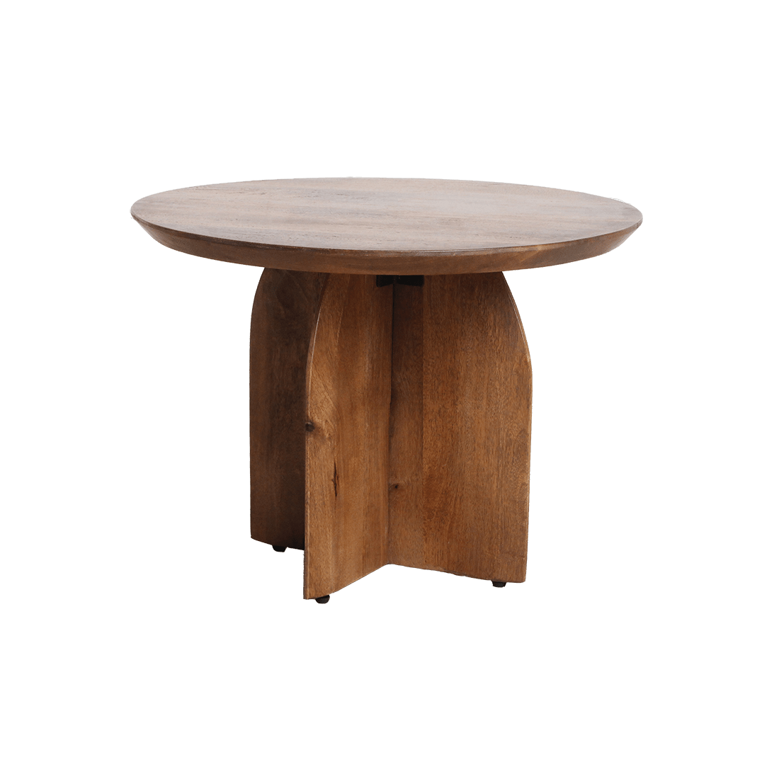 Wooden round table with a natural finish on a white background