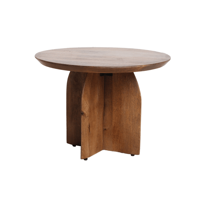 Wooden round table with a natural finish on a white background