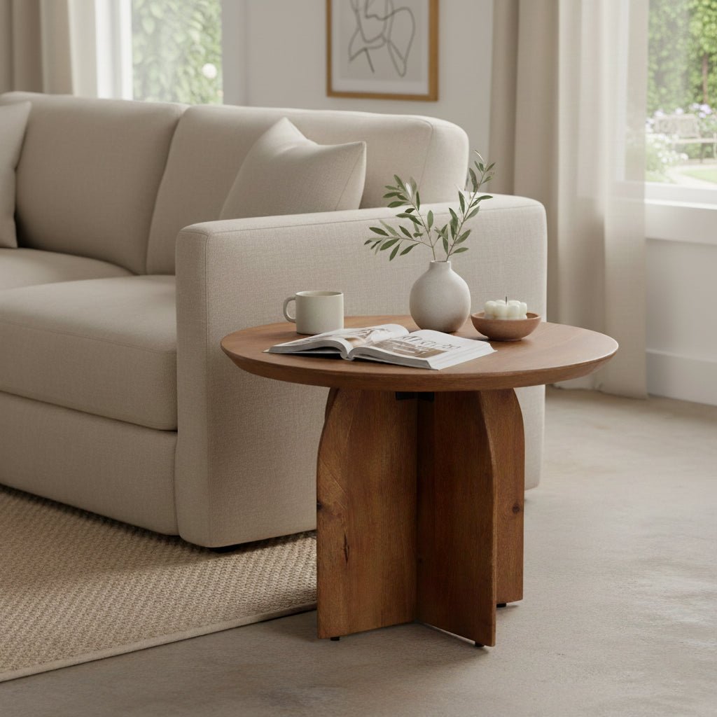 Wooden side table with a book, mug, and small plant in a living room setting.