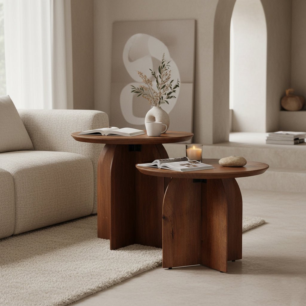 Two wooden side tables in a living room setting with a sofa and decorative items.