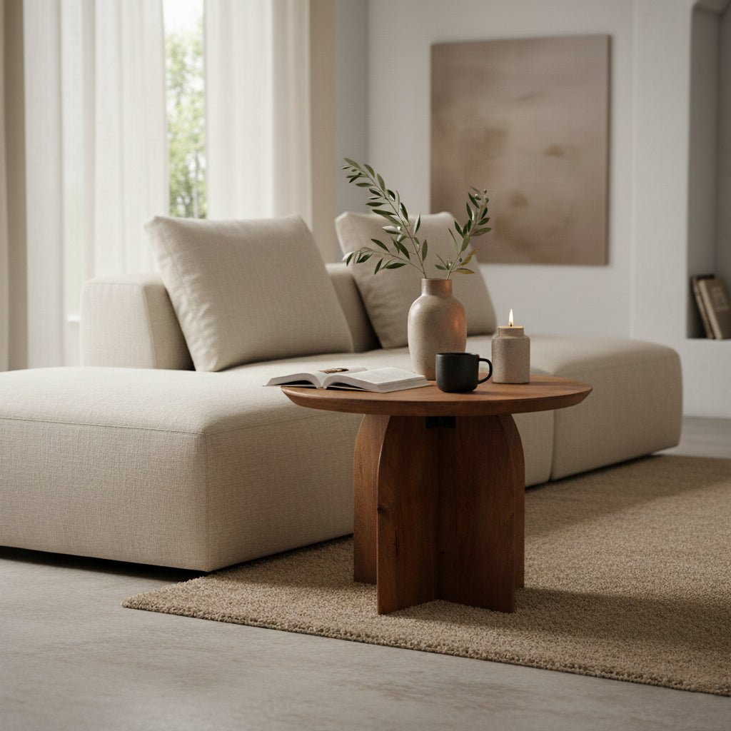Modern living room with a beige sofa, wooden coffee table, and decorative items.