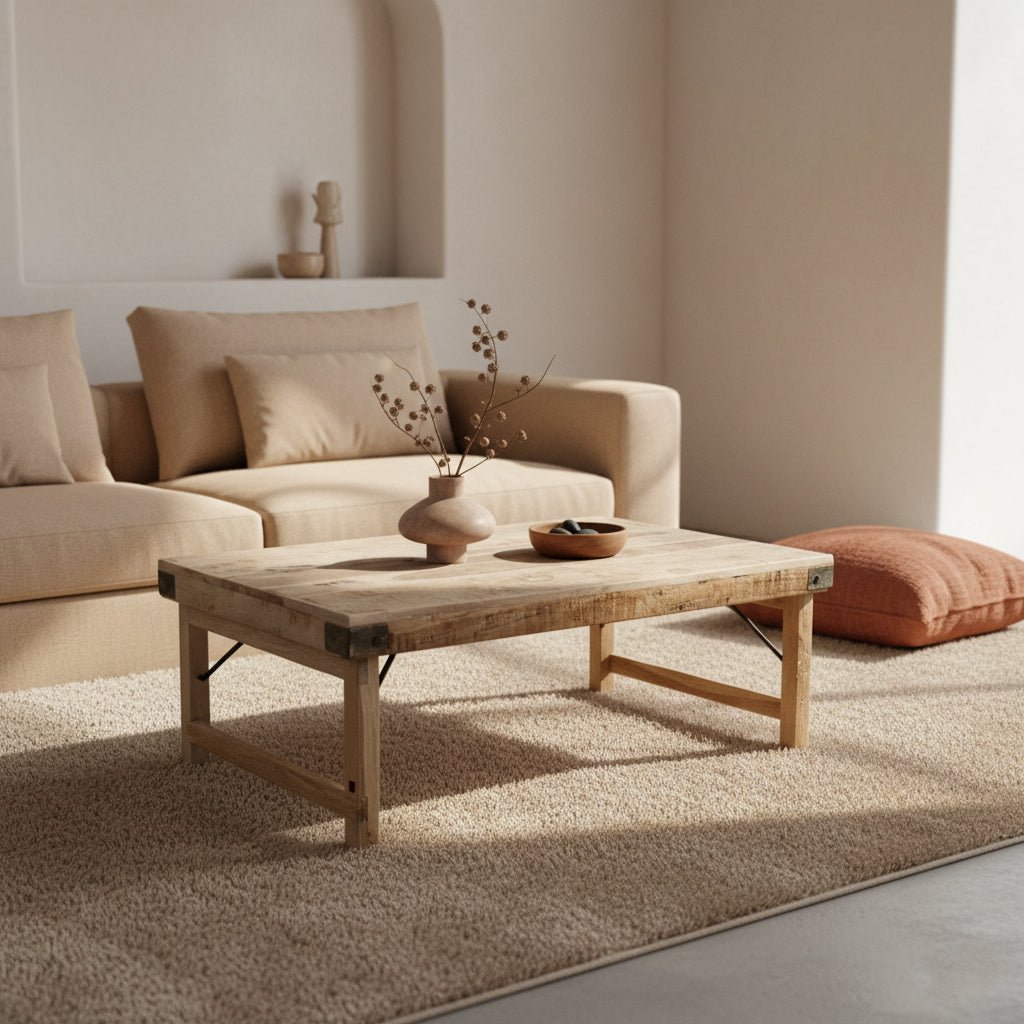 Beige sofa with a wooden coffee table in a living room setting