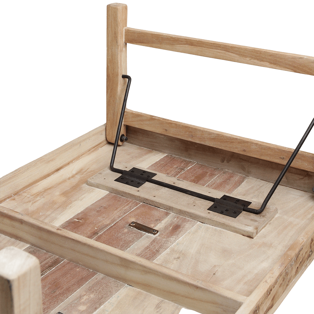 Wooden table with metal legs on a white background