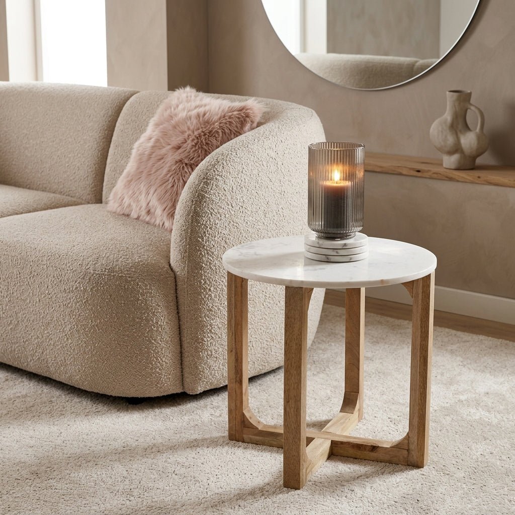 Sarawak Marble Side Table – White | Mango Wood & Marble -
