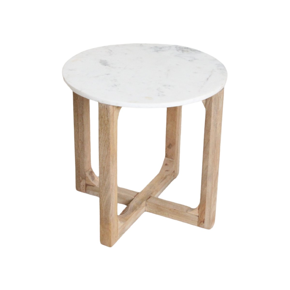 Round side table with marble top and wooden frame on a white background