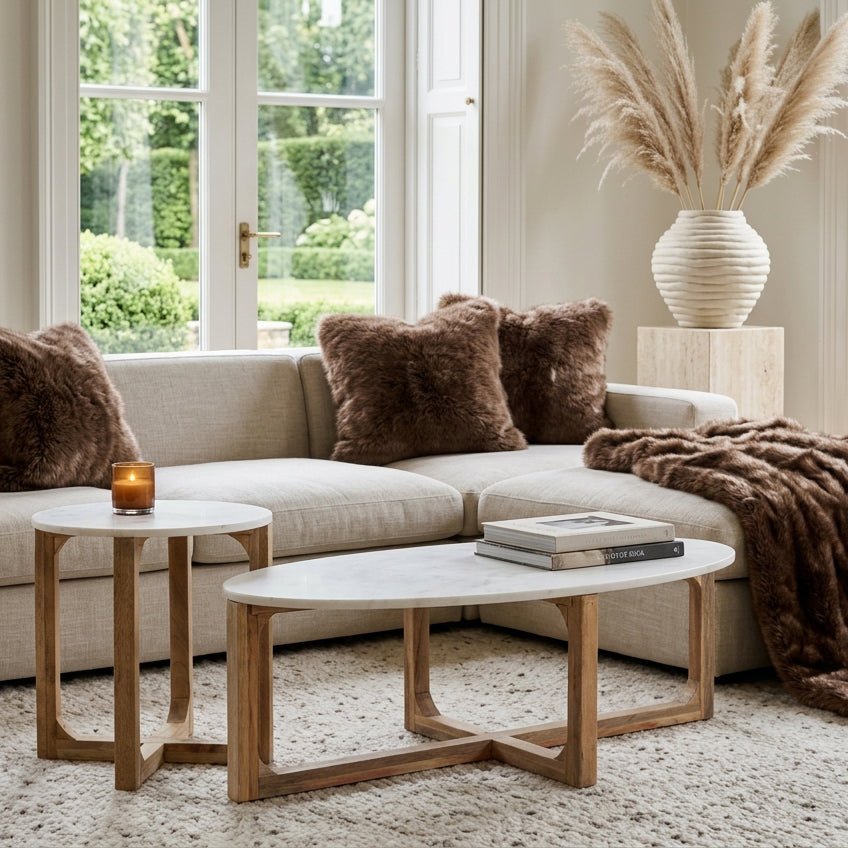 Sarawak Marble Side Table – White | Mango Wood & Marble -