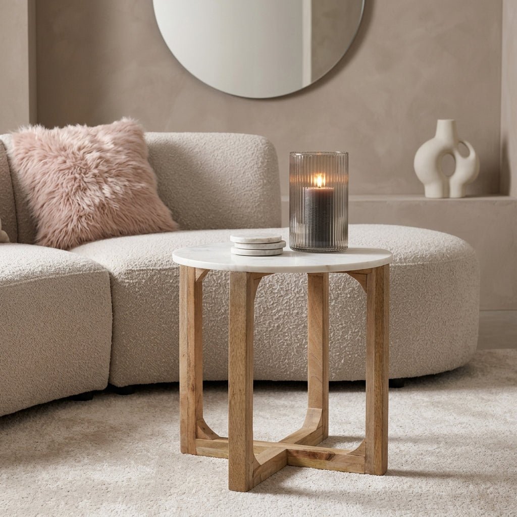 Sarawak Marble Side Table – White | Mango Wood & Marble -