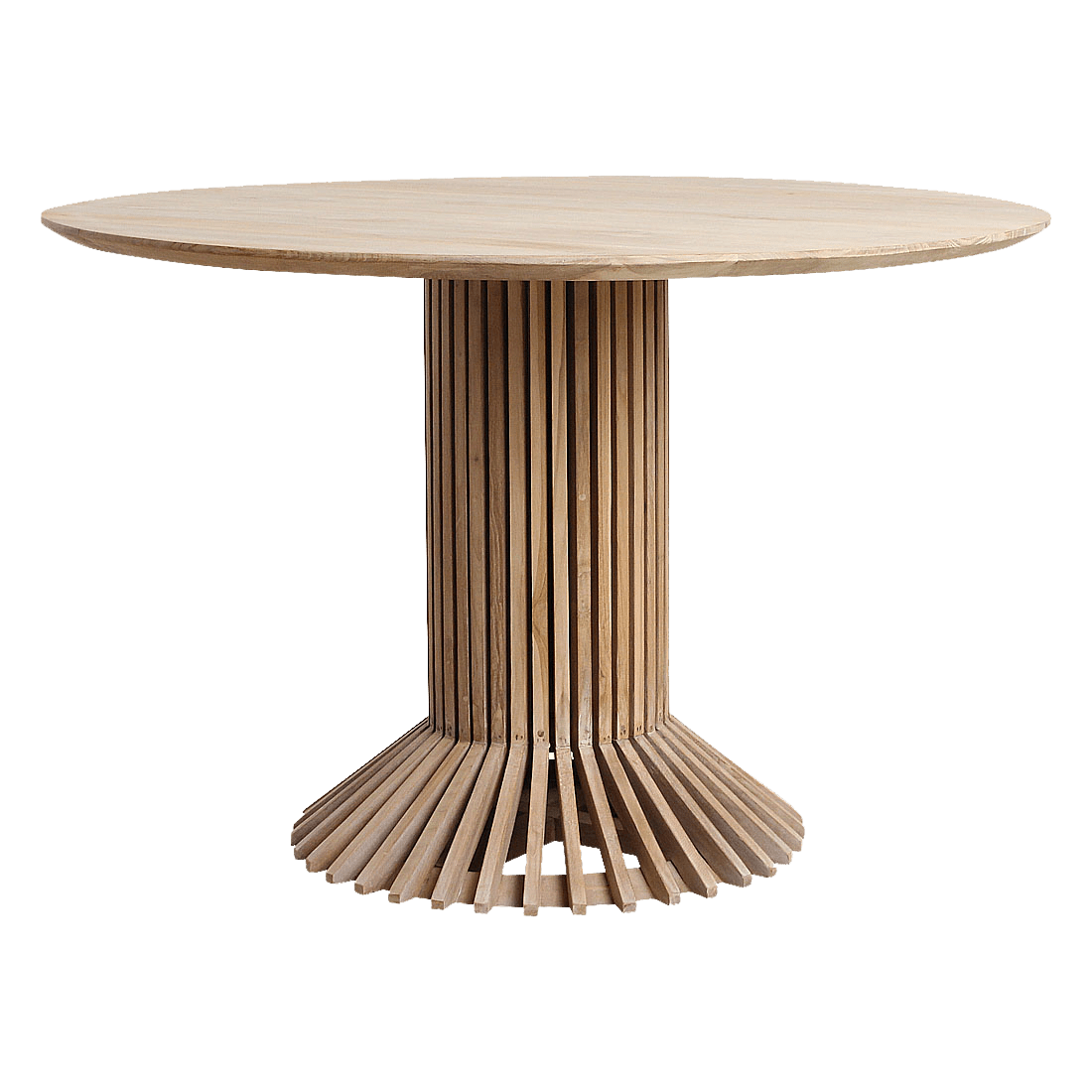 Wooden table with a unique base design on a white background