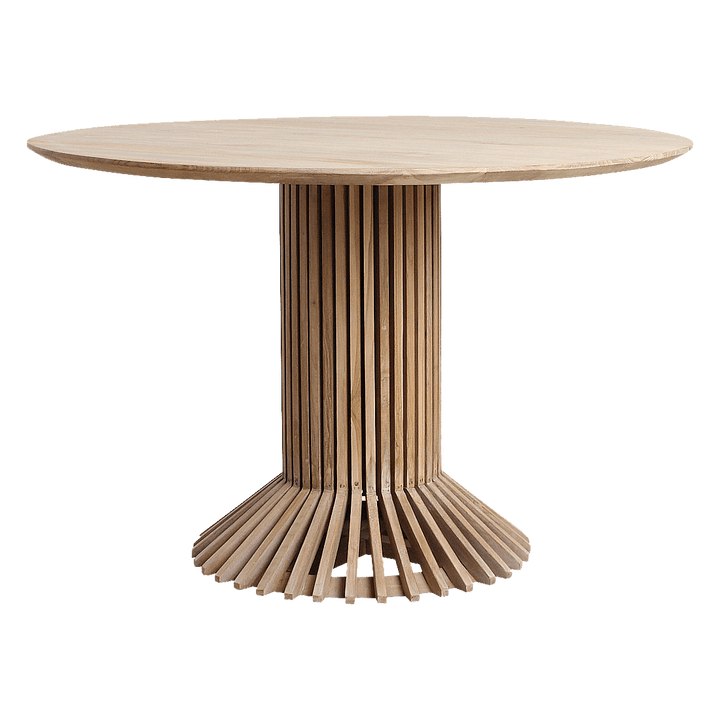 Wooden table with a unique base design on a white background
