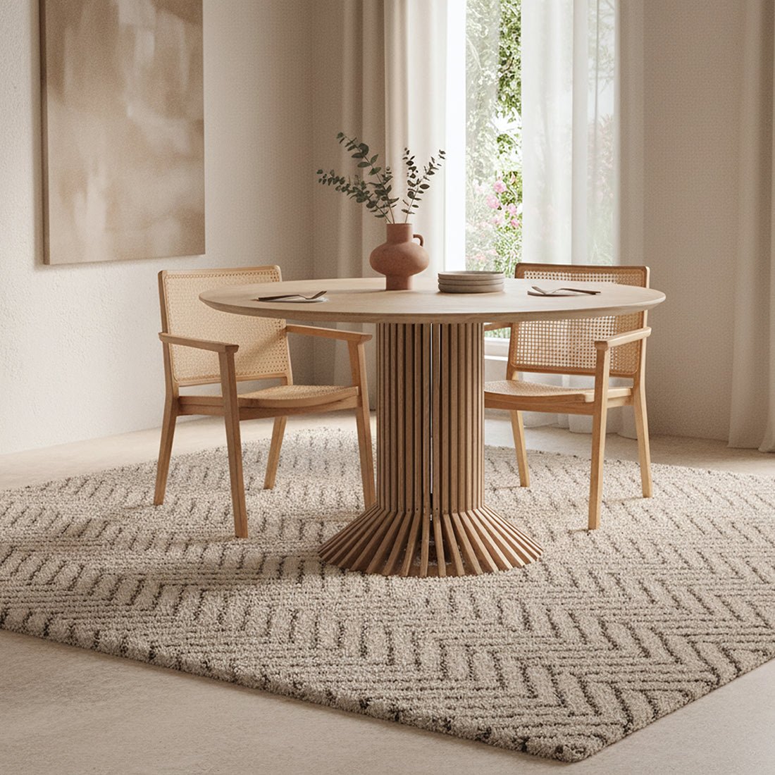 Dining room with a round wooden table and chairs on a textured rug.