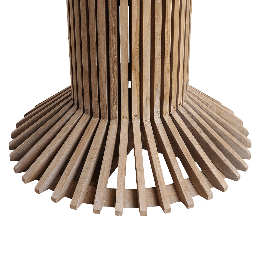 Wooden chair with a unique slatted design on a white background