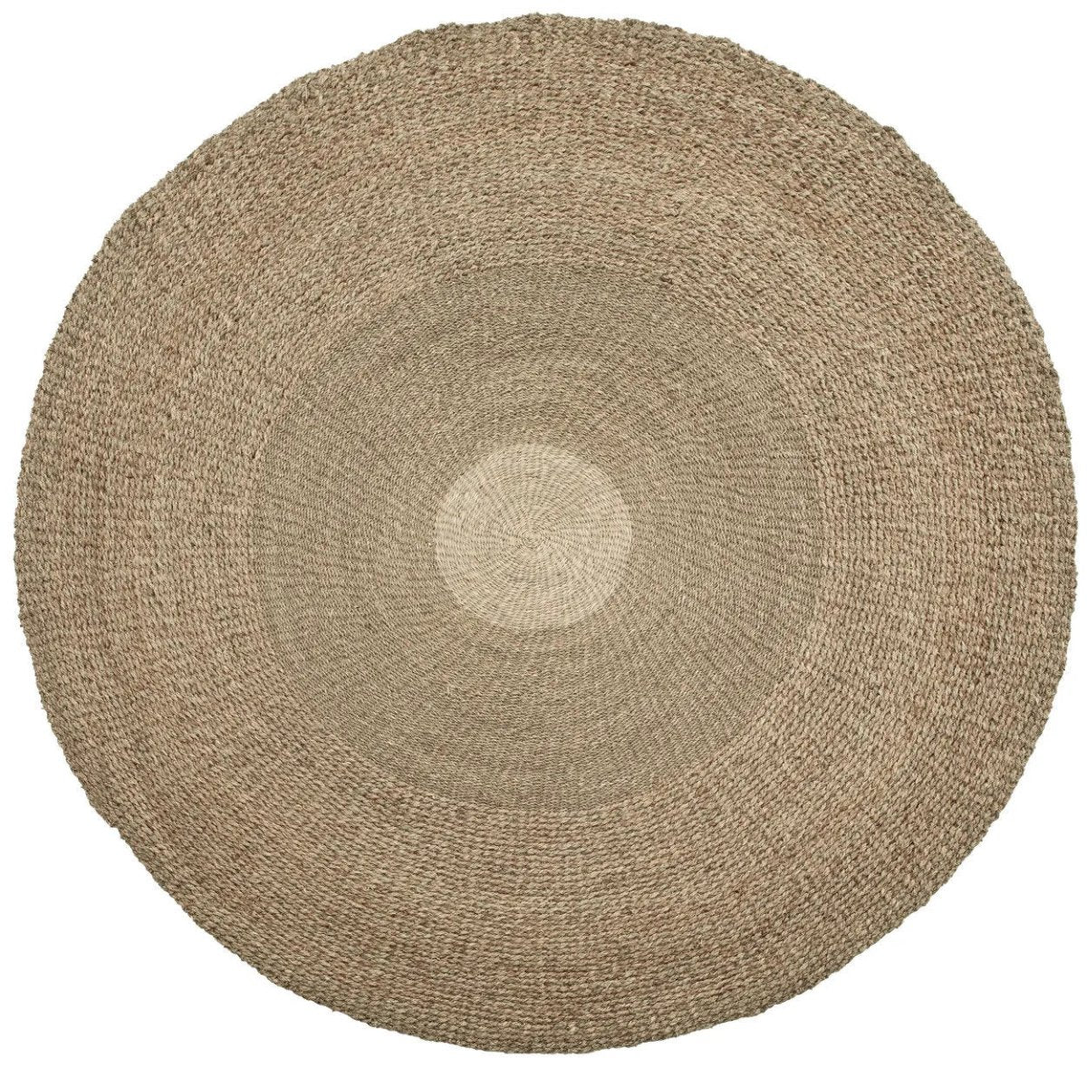 Round woven rug with a beige color on a white background