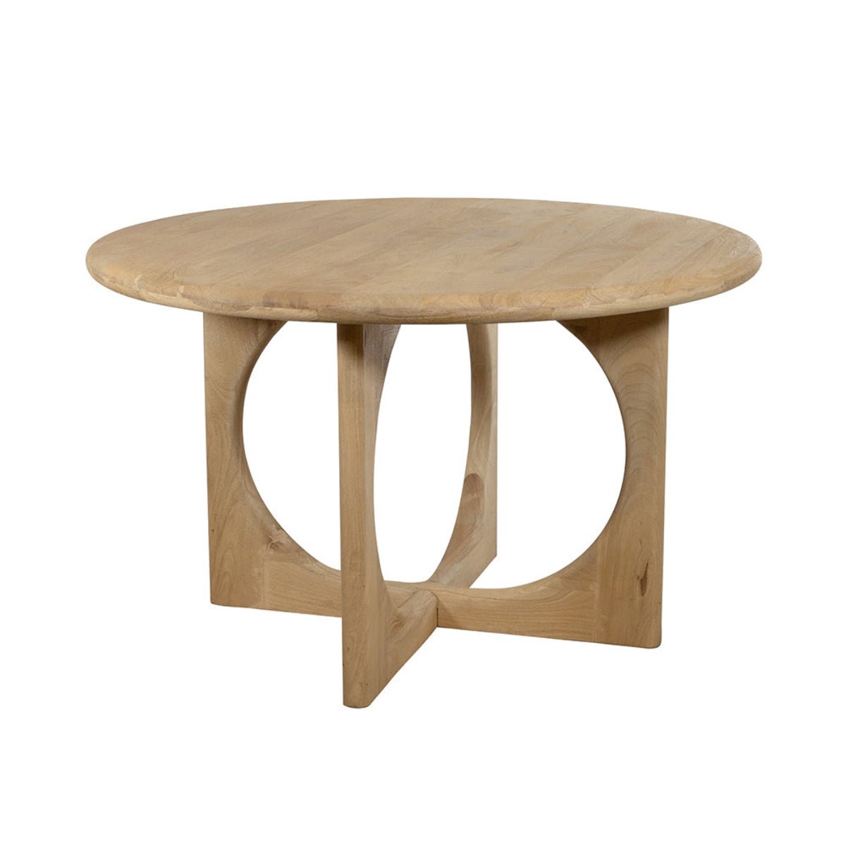 Round wooden table with unique base design on a white background
