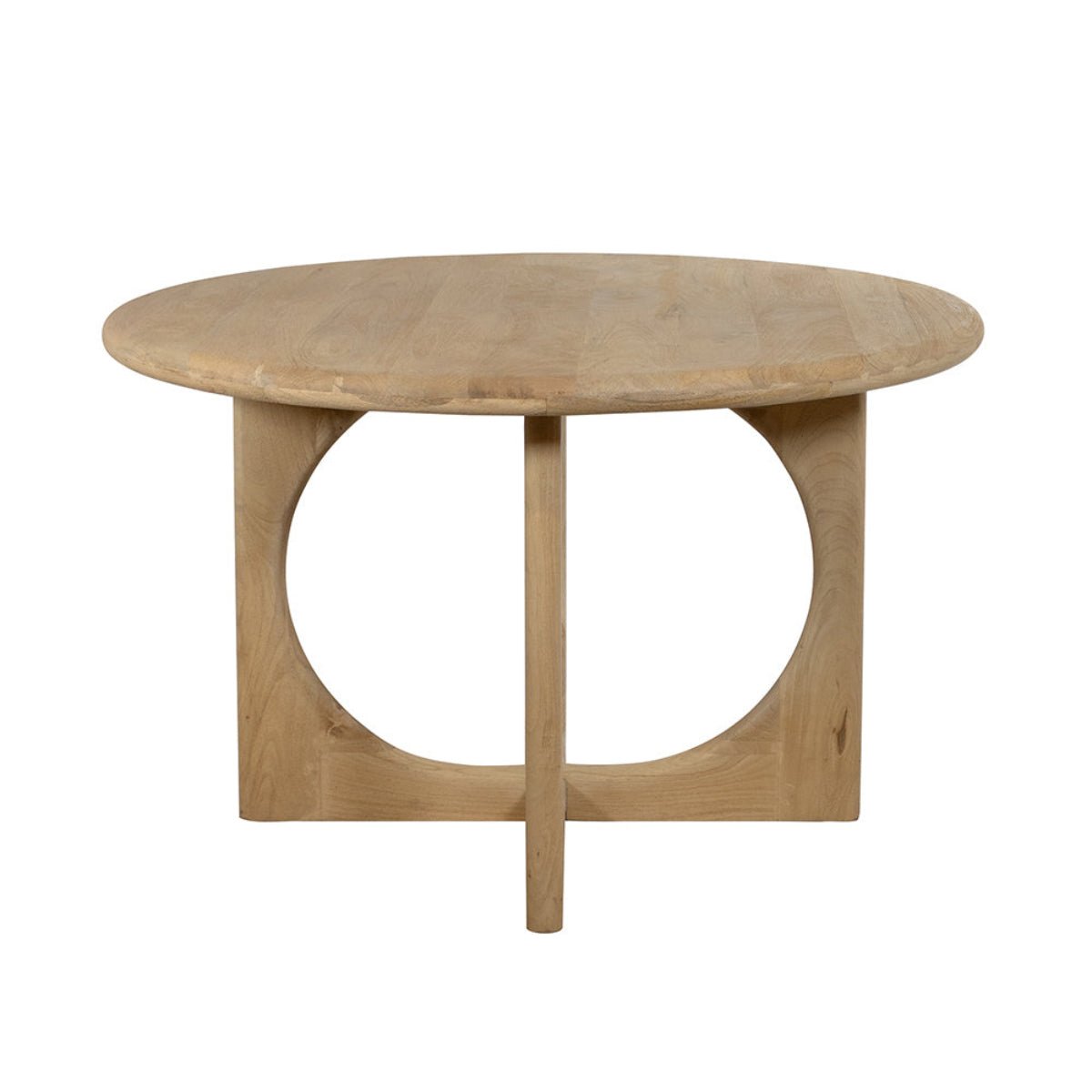 Round wooden table with a minimalist design on a white background