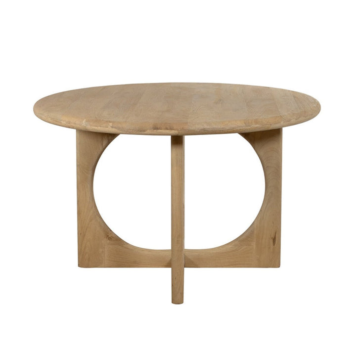 Round wooden table with a minimalist design on a white background
