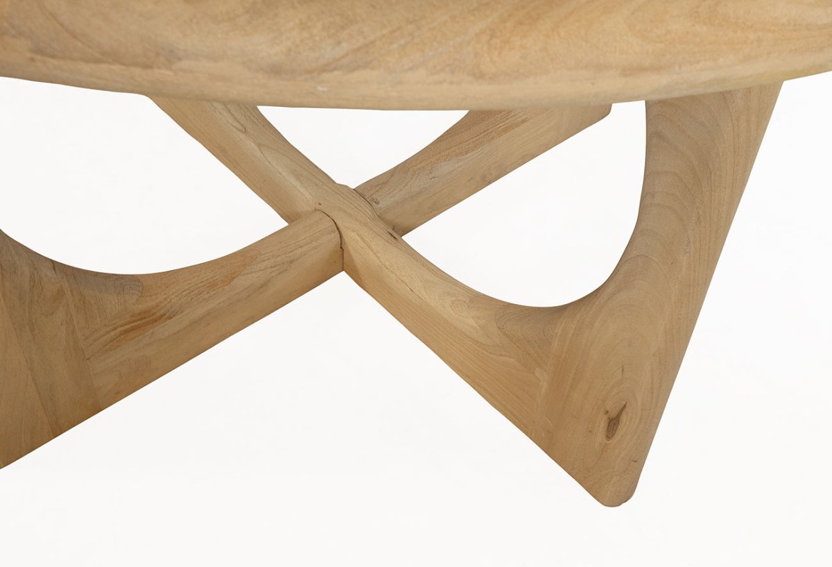 Wooden  table with unique geometric design on a white background