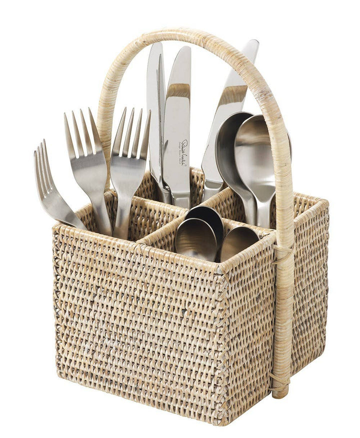 White rattan cutlery holder with 4 compartments – table organizer