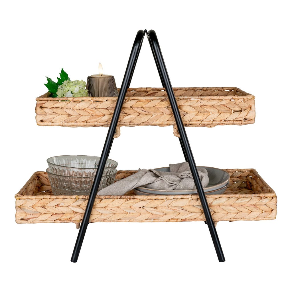 Two-tier tray with basket weave design, made from water hyacinth and metal, 42x23x43.5 cm in natural and black tones.