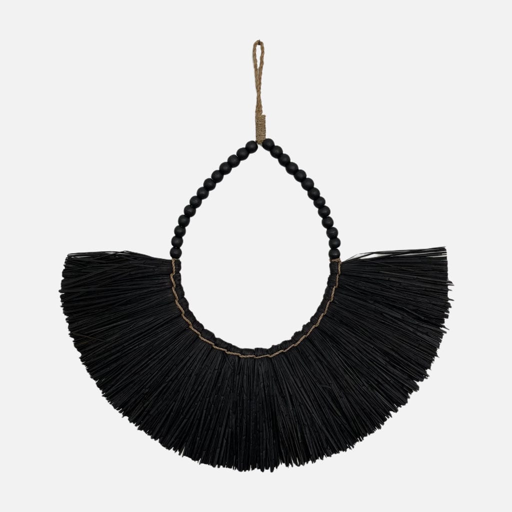 Large black Baucau Allang Wall Hanger with seagrass and wooden beads, boho-chic decor.