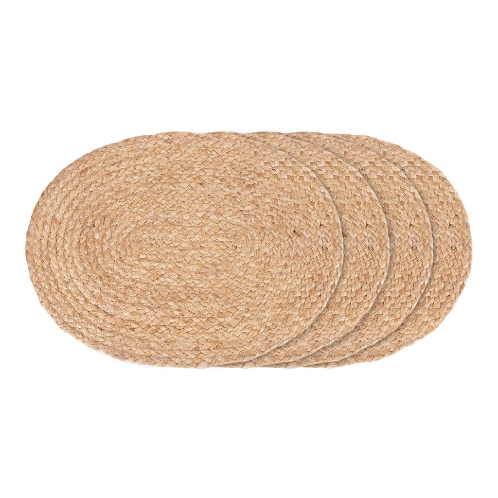 Set of 4 oval placemats in braided natural jute, 35x45 cm, rustic and elegant.