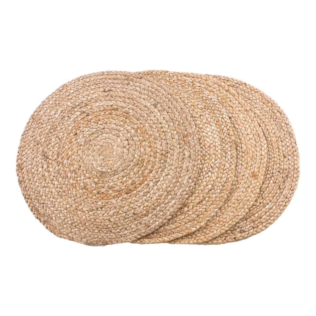 Set of 4 round braided natural jute placemats, Ø38 cm, rustic elegance for dining.