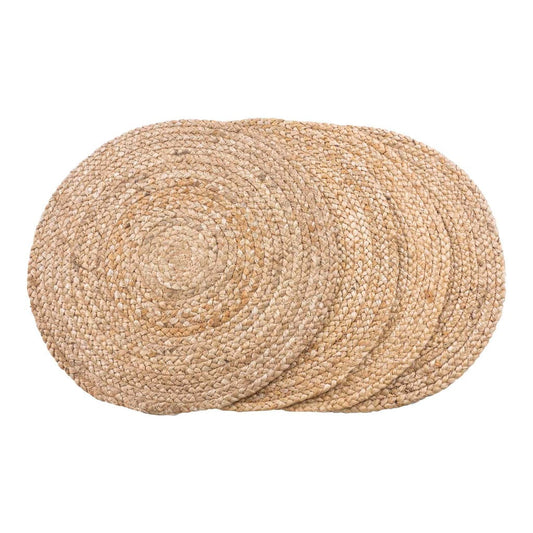 Set of 4 round braided natural jute placemats, Ø38 cm, rustic elegance for dining.