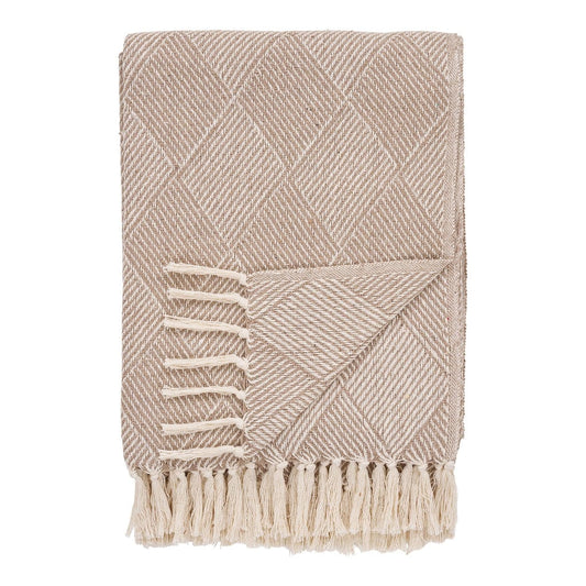 Bursa woven plaid blanket in taupe, 130x180 cm, showcasing soft fringed edges.