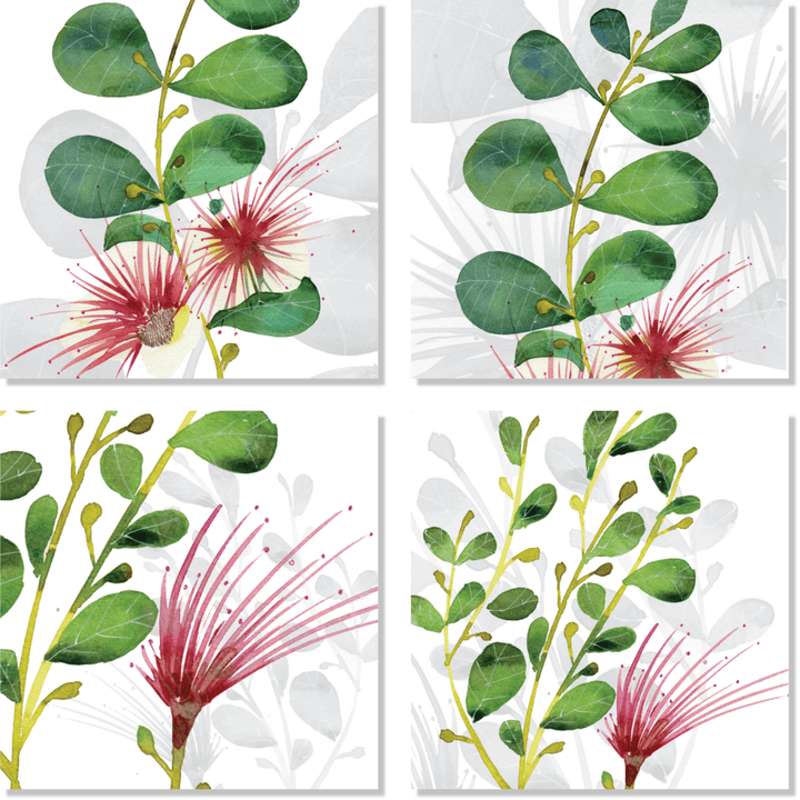 Four-panel design of green leaves and pink flowers on a white background