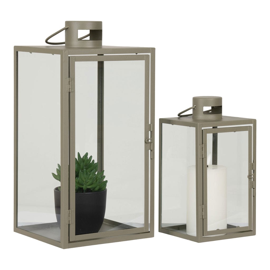 Set of 2 Corfu grey green lanterns with metal handles, 19.5x19.5x40 cm.