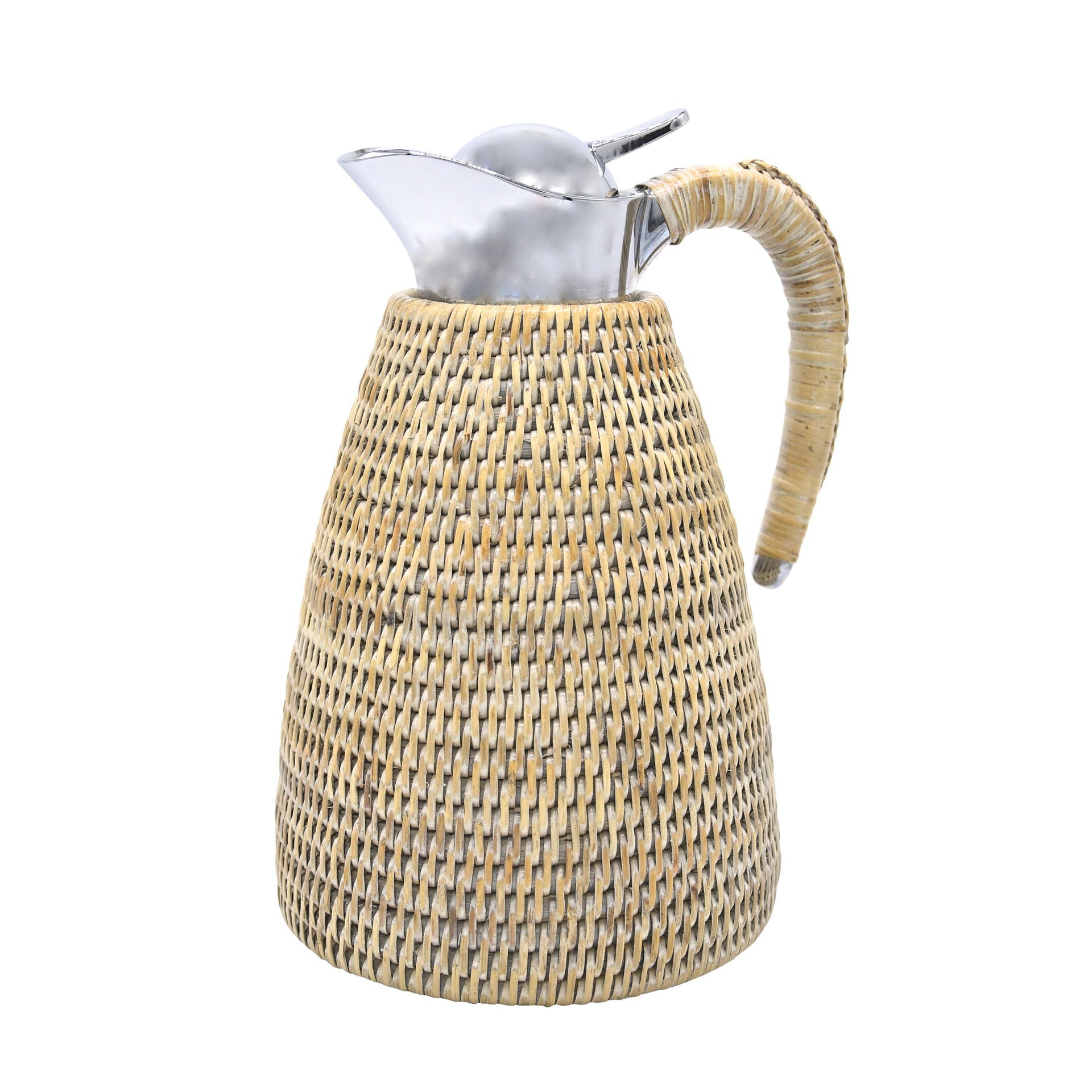 Woven pitcher with silver top on a white background