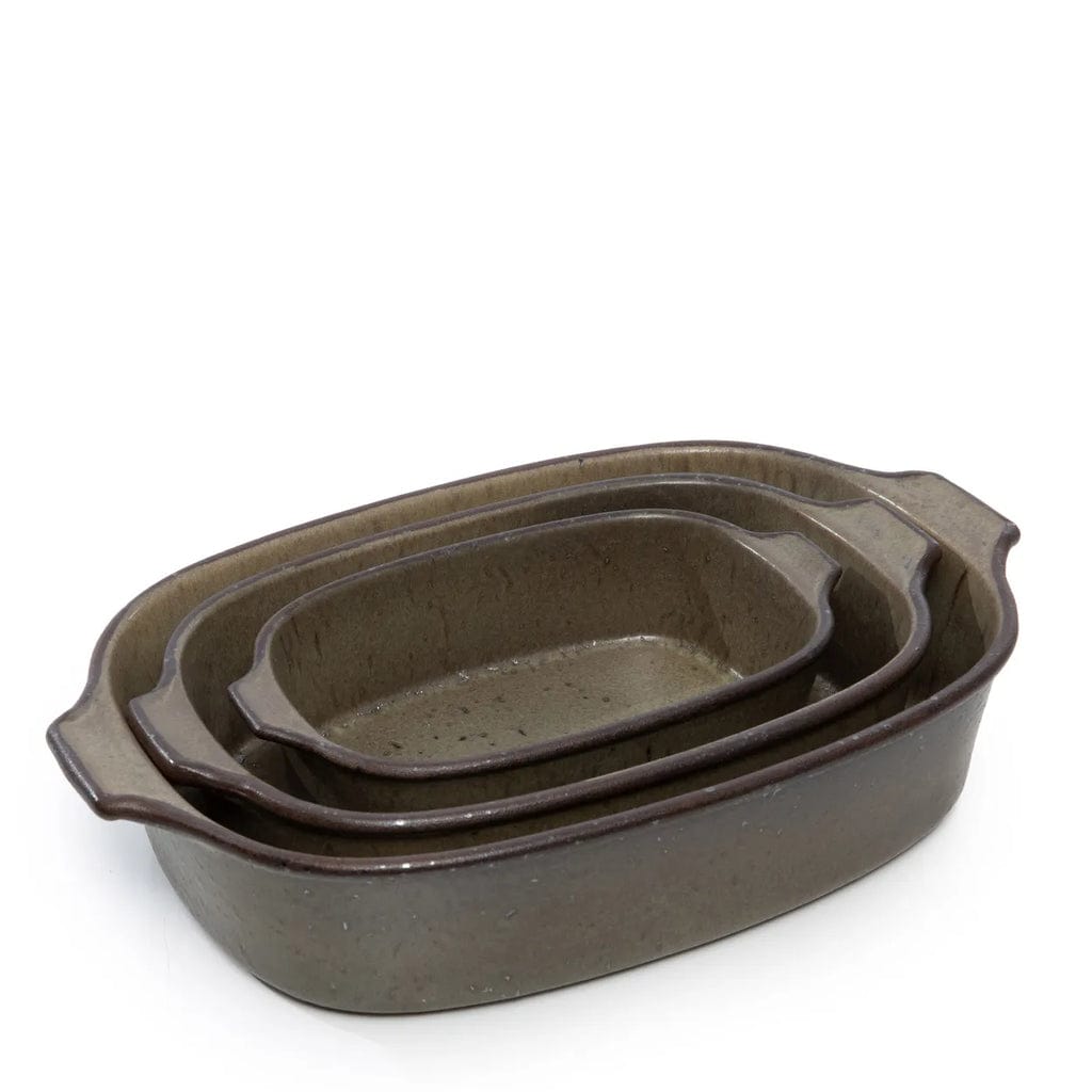 Comporta Oven Dish in grey-green with crackle glaze, 29cm size.