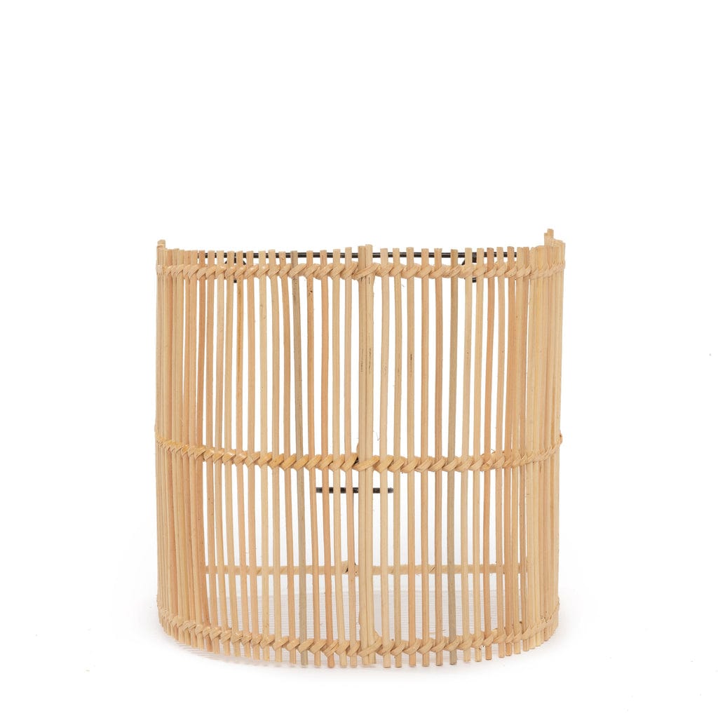 "Rustic Gigi Wall Applique crafted from natural rattan in a semi-cylindrical shape, providing soft illumination, 25cm high and 20cm wide, without wiring."