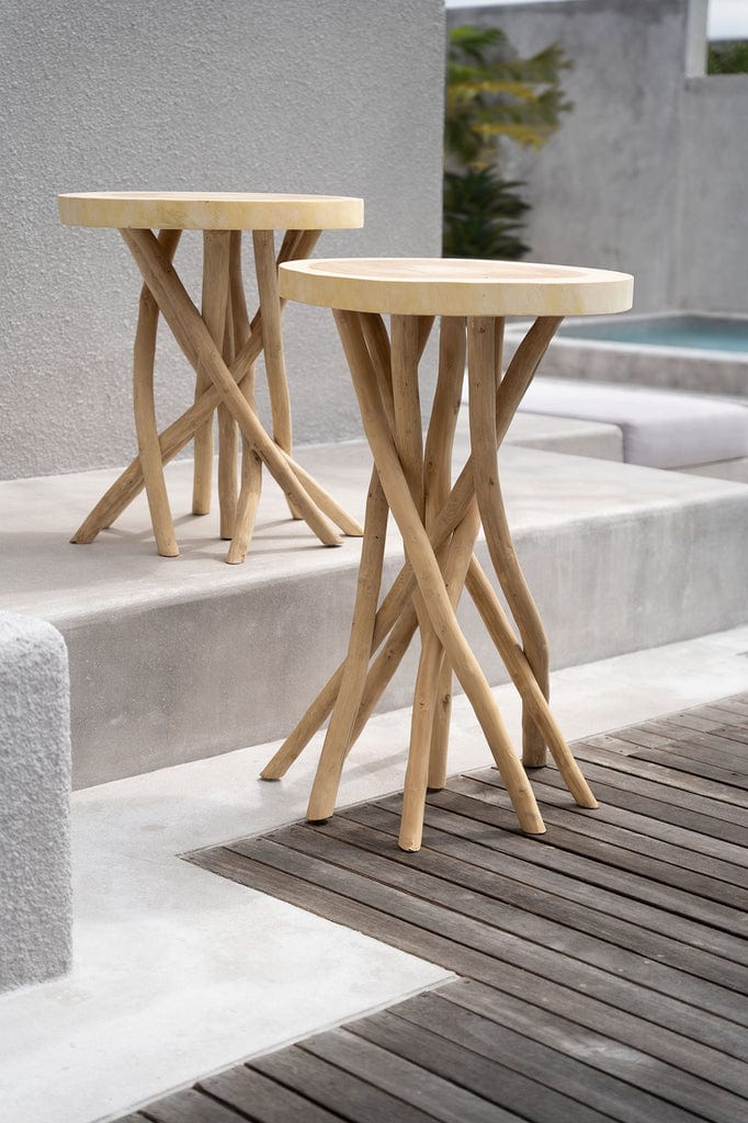 Gili Side Table with teak and suar wood, natural color, tropical design.