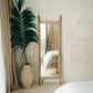 Natural teak wood island dressing mirror 170cm in a serene bedroom setting.