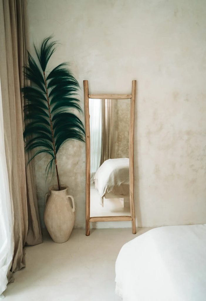 Natural teak wood island dressing mirror 170cm in a serene bedroom setting.