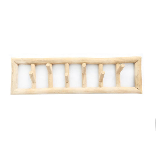 Natural teakwood Island Coat Rack with six pegs for hanging coats, towels, and more, enhancing indoor decor.