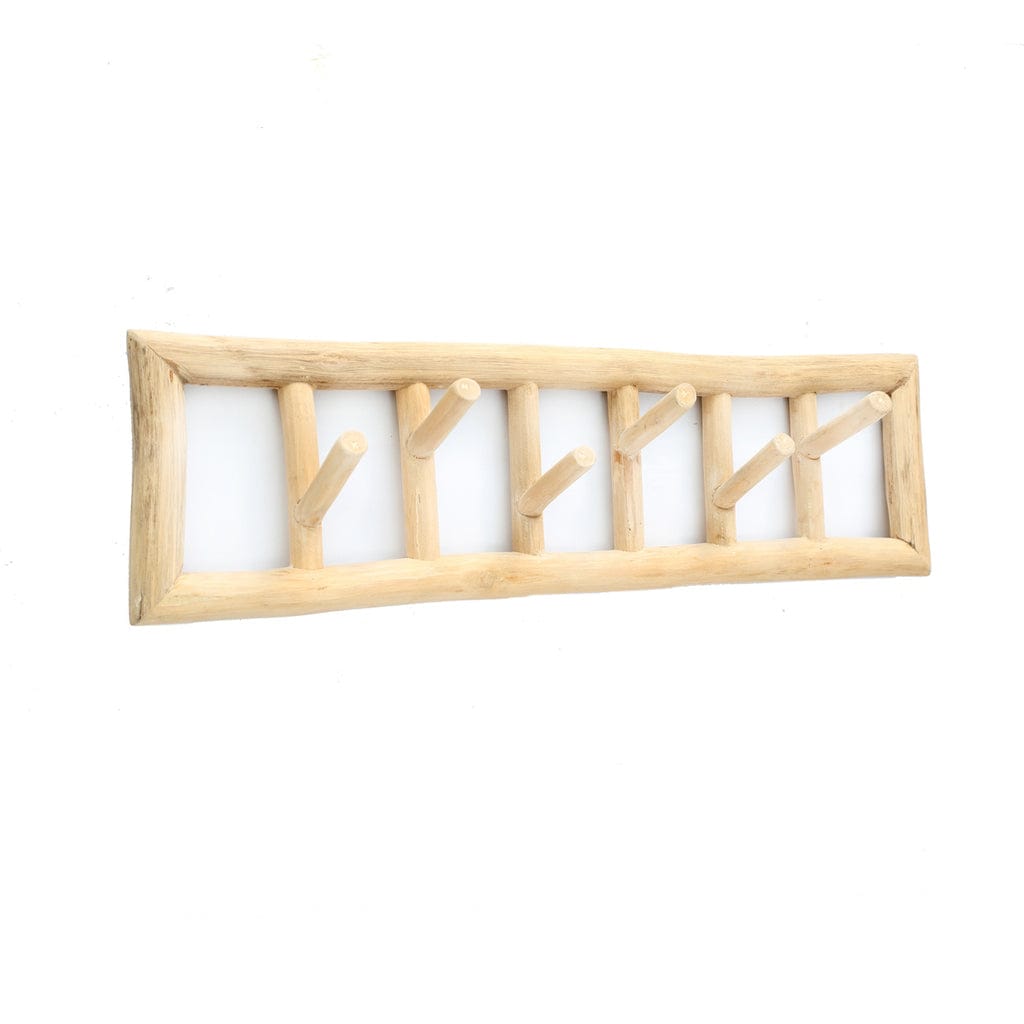Island Coat Rack made of natural teak wood for indoor organization.