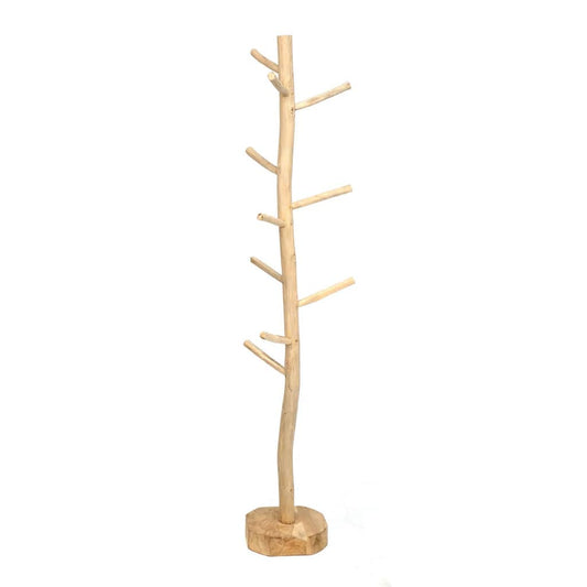 "Natural teak wood coat rack with boho charm, 160cm for indoor/outdoor use."