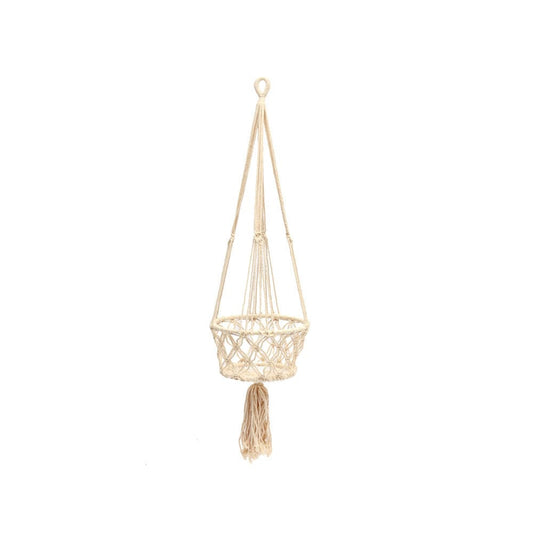 White macrame planthanger with bohemian design and durable cotton craftsmanship.