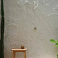 Makara Stool made from natural reclaimed teak wood, displayed against a textured wall with cactus plant.