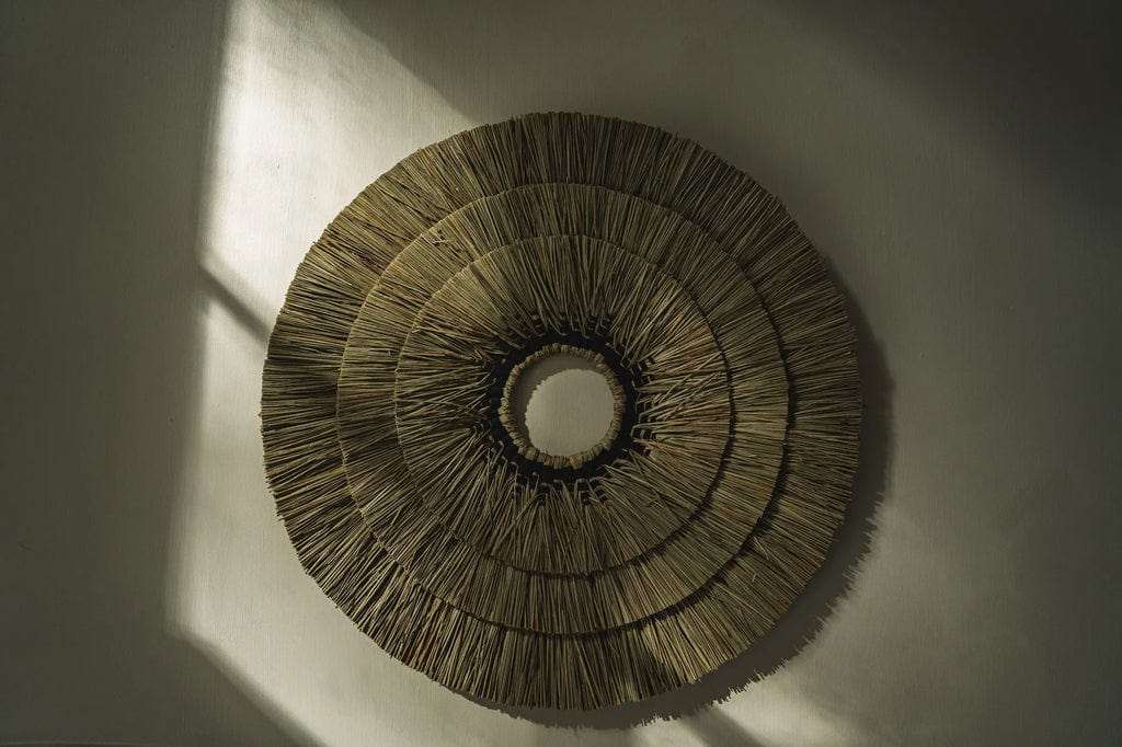 Mengdong Wall Decoration – Natural Black, handcrafted from mixed grass and black cotton, bohemian and coastal style.