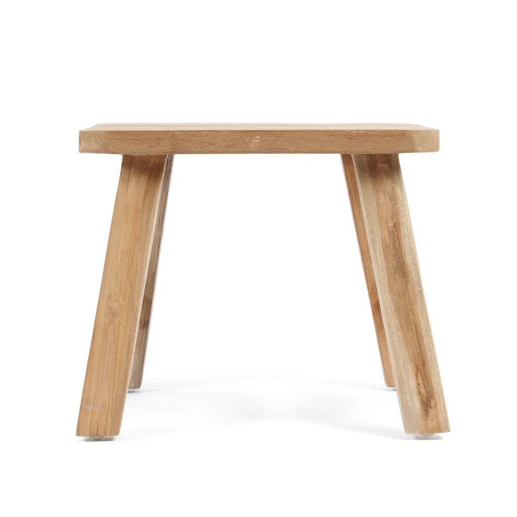 Quincy Stool made from natural reclaimed teak with a height of 34cm.