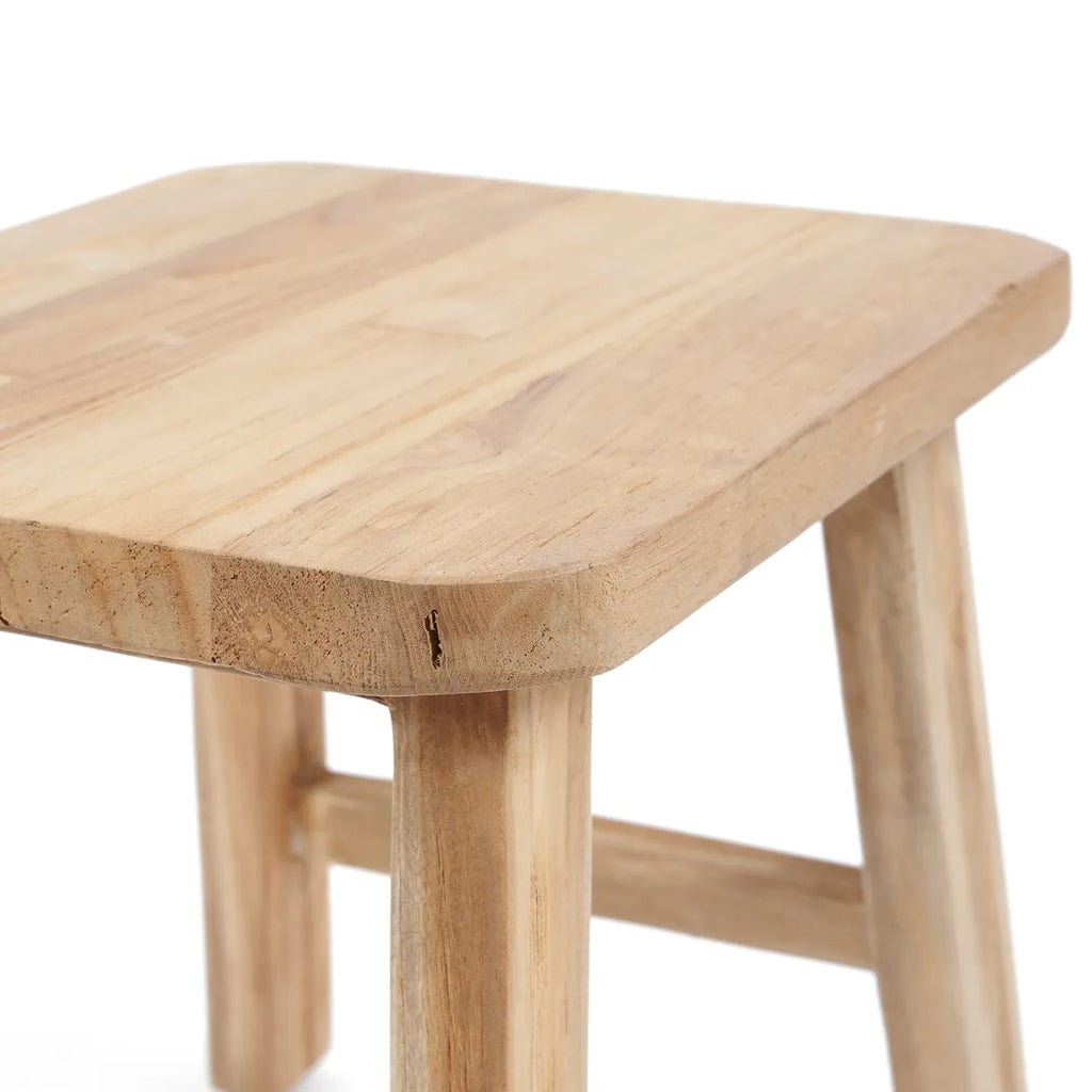 Quincy Stool made from natural reclaimed teak with a rustic finish, 34cm height.