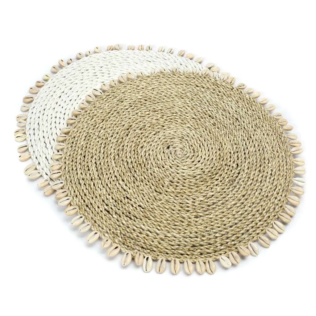 Seagrass Shell Placemat with cowrie shell border, natural texture.