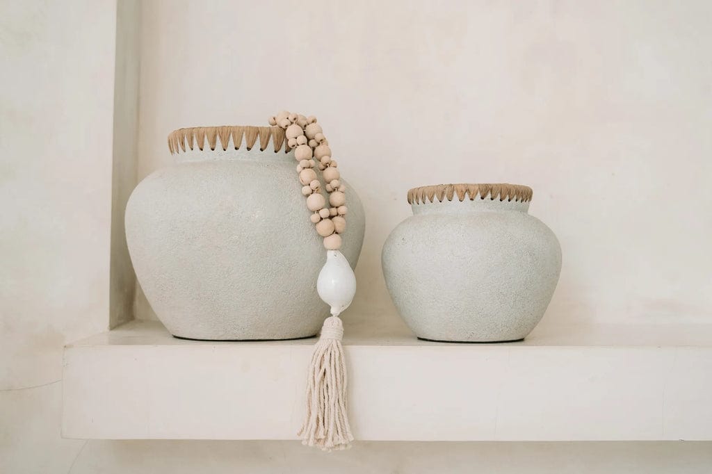 Styly Vase - Natural Concrete with raffia detail, terracotta, two sizes, coastal decor.